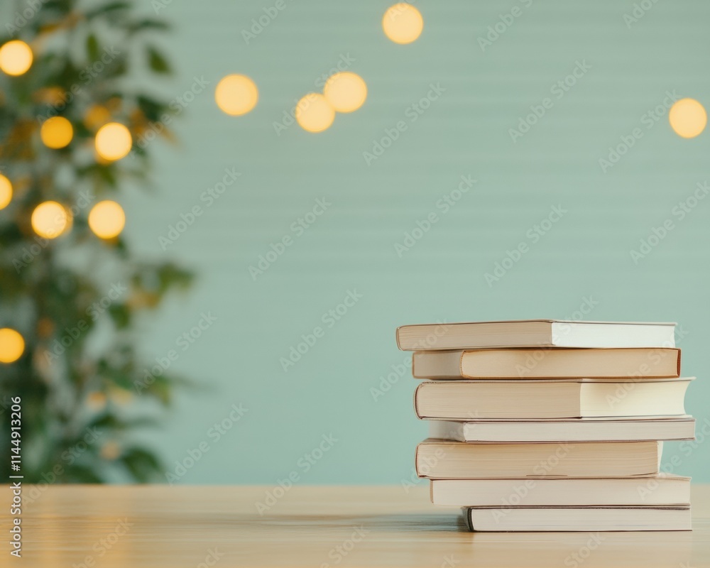 Poster Serene Study Corner with Books and Soft Lighting in a Peaceful Library Setting