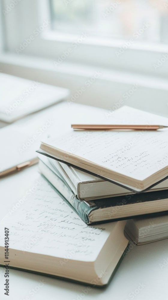Poster Warm-Toned Image of Notebooks and Books with Handwritten Notes in Soft Light
