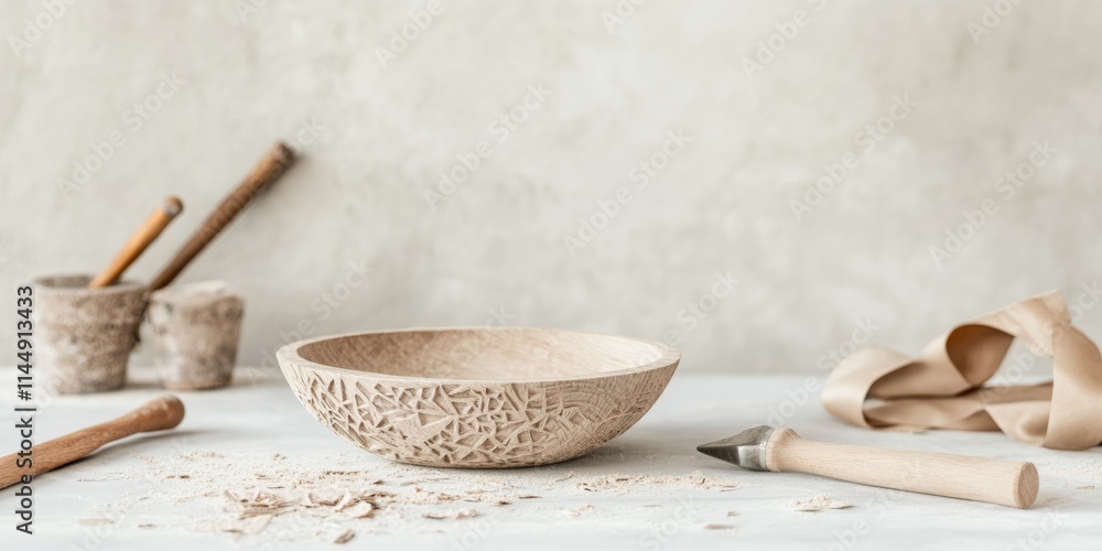 Poster minimalist handmade wooden bowl with carved patterns surrounded by crafting tools in natural light