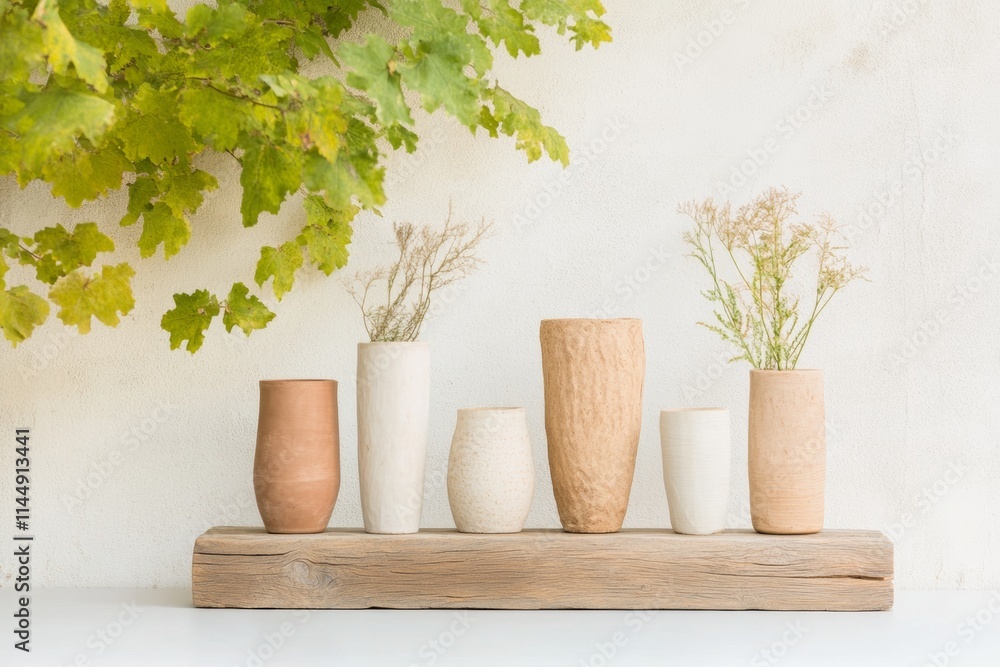 Aufkleber handcrafted clay and wood trophies on rustic shelf in natural setting