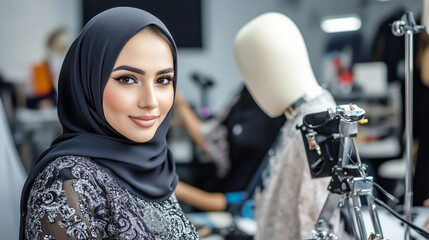 Female fashion designer in hijab working in modern studio