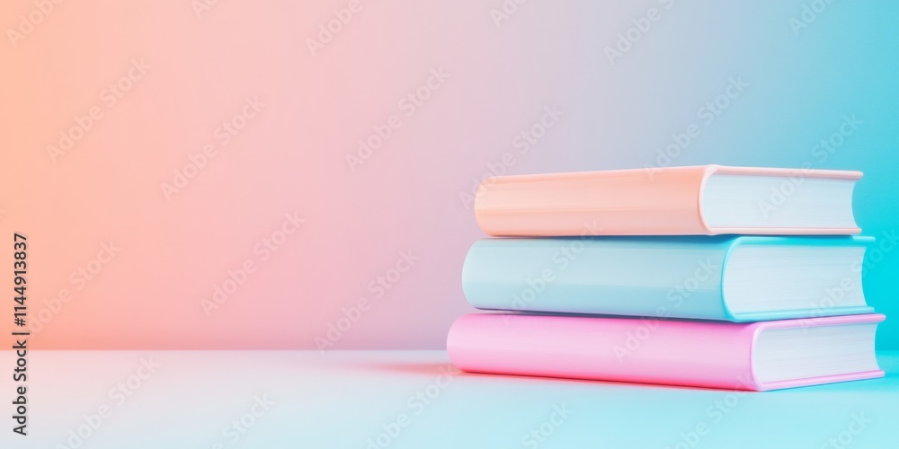 Poster Pastel Minimalism Stack of Books Illuminated Under Soft Lighting in Vibrant Study Setting
