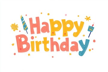 flat color cute simple cartoon "Happy Birthday" text with party elements on a white background illustration with solid colors, bright colors, cute font design, flat, simple drawing style Generative AI