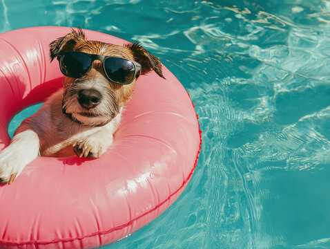 Cool dog relaxing in pool on inflatable float