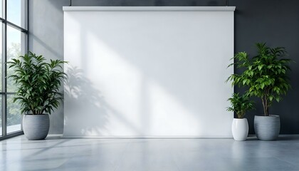 Interior blank wall backdrop for photography videography with track lighting and natural light coming in a window in a studio space 