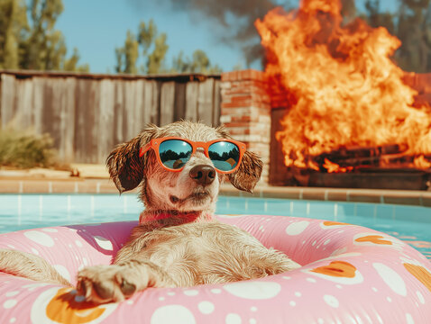 Dog chilling in pool float with fire in background