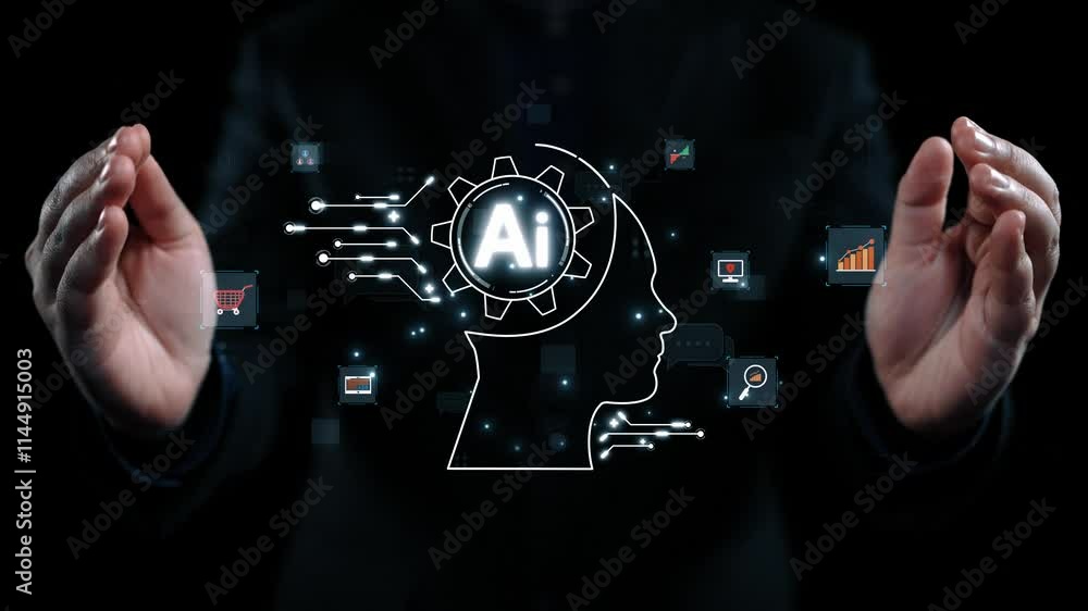 Poster human interact with ai artificial intelligence brain processor in concept of ai artificial intellige