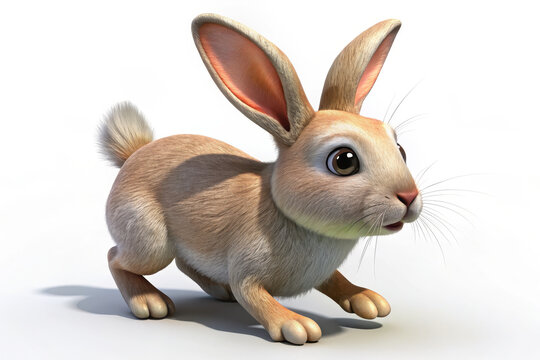 Cute 3D rendered rabbit exploring a vibrant grassy field under a bright, sunny day in a whimsical landscape for animation or children's media