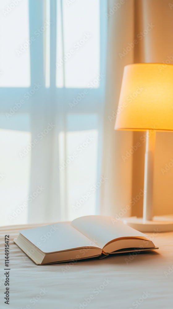 Poster warm glow of reading open book and lamp beside sunlit window