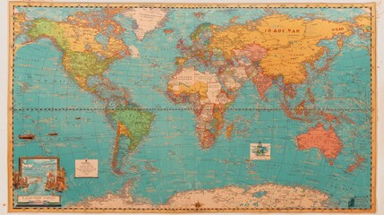 Obraz premium Vintage world map with continents, oceans, and countries depicted in pastel colors.