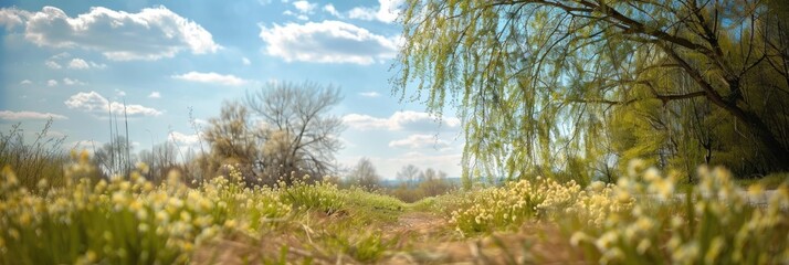 Obraz premium March Spring. Blurry Landscape of Beautiful Springtime Forest with Flowering Willow Branches