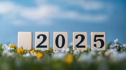 Wooden blocks arranged to spell out 2025 on a vibrant meadow, encircled by blossoming wildflowers, representing growth and the beauty of nature.