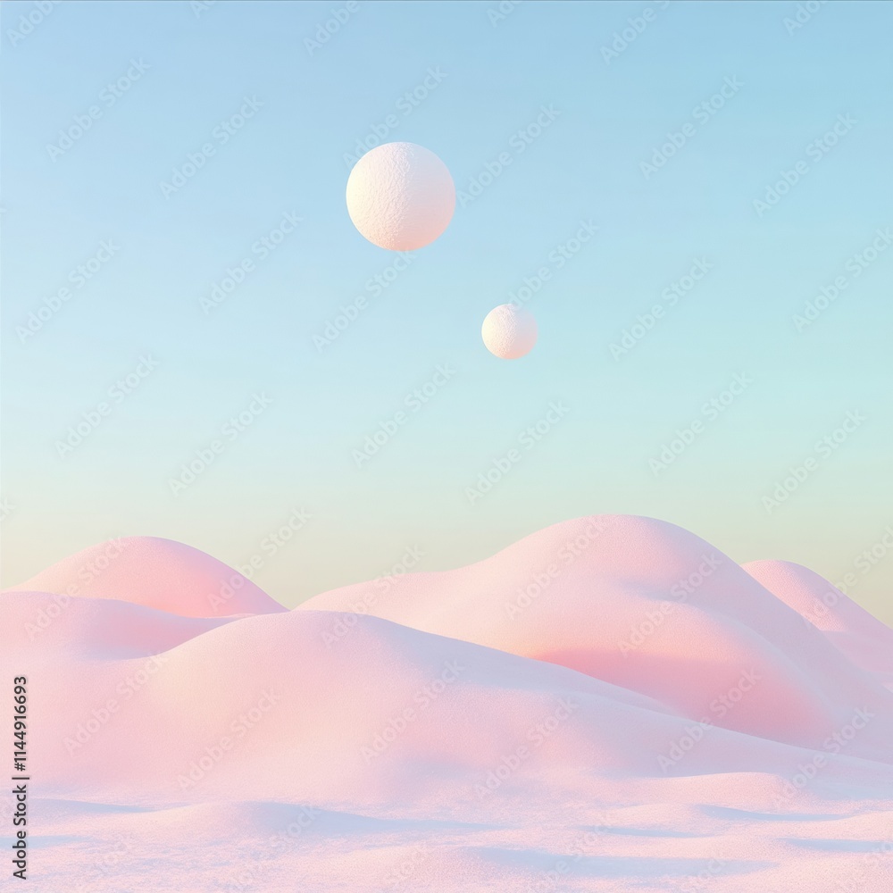 Poster surreal pastel dreamscape with floating spheres imaginative abstract landscape in soft tones