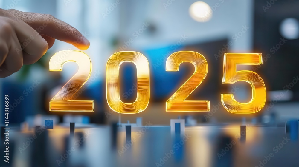 Poster hand placing a glowing 5 in 2025 with holographic numbers on a high-tech workspace, innovation and p
