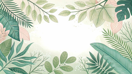 Spring illustration with tropical leaves background. Vector minimalist illustration. copy space