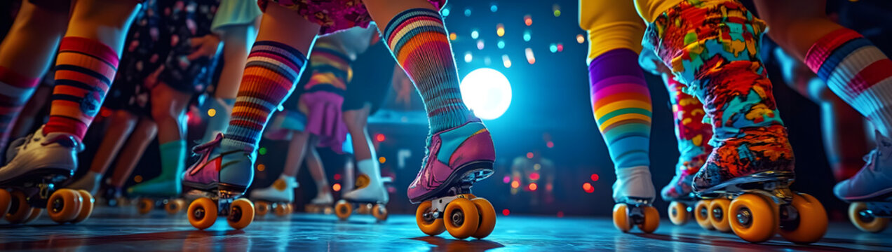 70s roller disco, vibrant outfits with knee-high socks, people skating under a spinning disco ball, funky patterns and colors everywhere