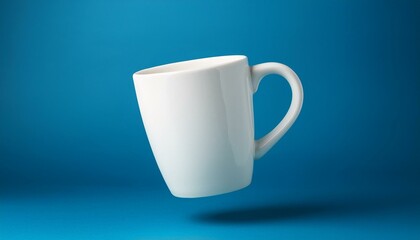 Caneca de porcelana para mockup flutuando e atrás um fundo azul