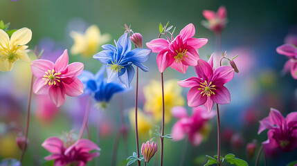 Piękne kolorowe orliki, wiosenne kwiatowe tło, generative ai 