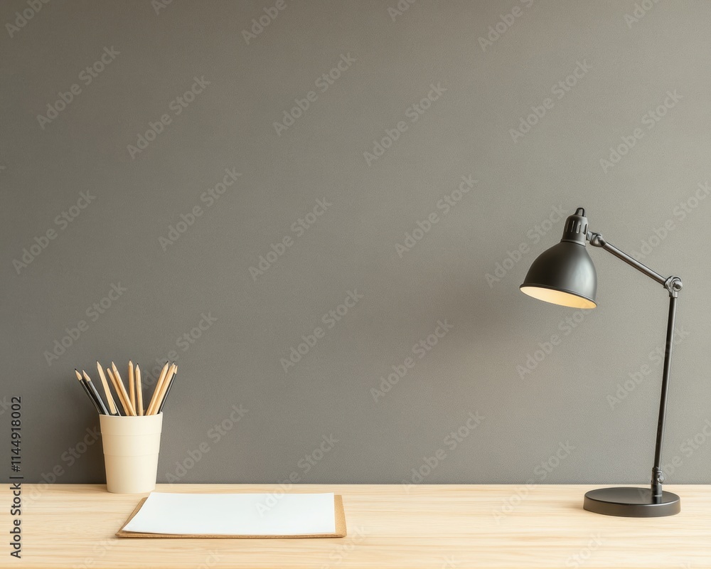 Poster minimalist study space with lamp and stationery on wooden desk