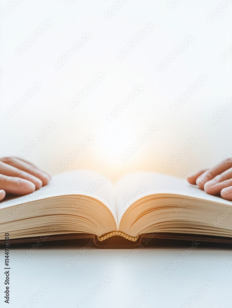 Poster Close-Up of Open Book with Hands and Warm Light Creating an Intimate, Serene Atmosphere