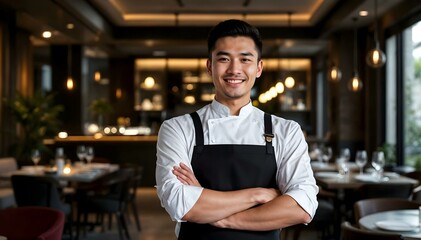 Man working in a high end gourmet five star restaurant with apron chef host server waiter in front of tables and chairs with string lights