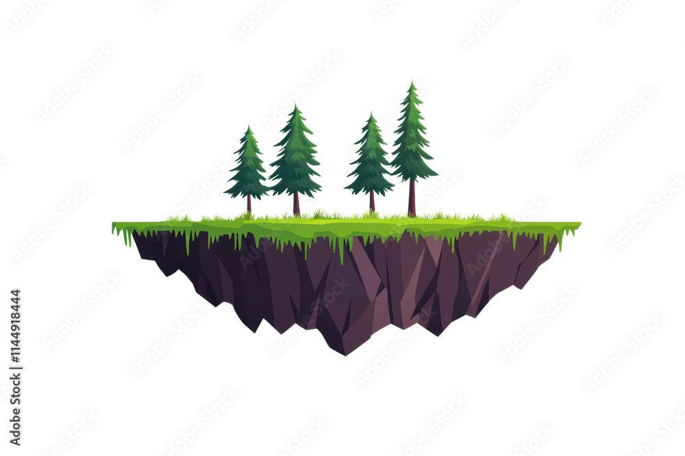 Poster a floating island features three evergreen trees surrounded by lush grass and rocky terrain.