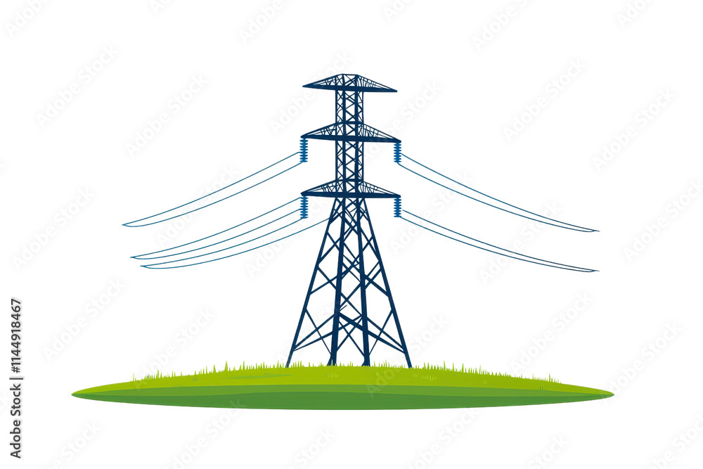 Poster a tall power transmission tower with multiple wires extending from it, set on a grassy base.