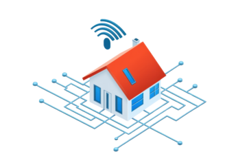 A modern, stylized house with a red roof and blue windows, surrounded by network lines and a wireless signal icon.