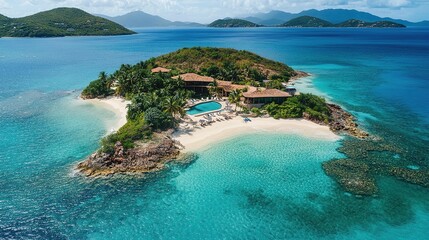 Fototapeta premium A luxurious private island getaway with crystal-clear waters, a beautiful beach, and exclusive amenities