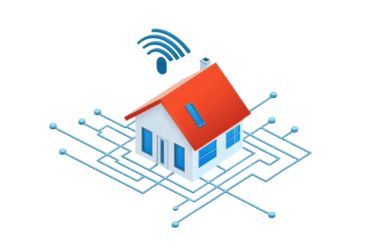 A modern, stylized house with a red roof and blue windows, surrounded by network lines and a wireless signal icon.