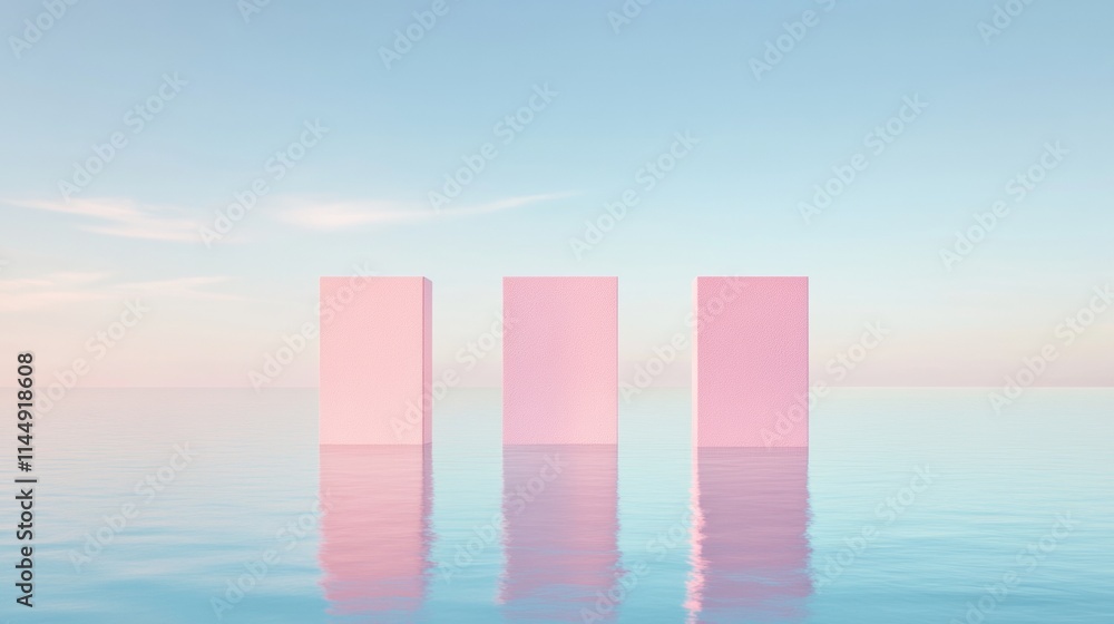 Poster surreal pastel columns reflecting on calm waters at dawn
