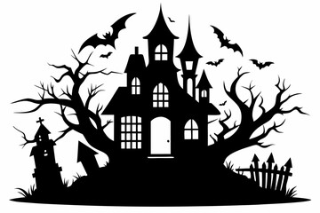 haunted halloween house line art silhouette vector illustration