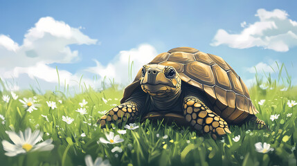 Cute tortoise in a green meadow. Carapace. Illustration