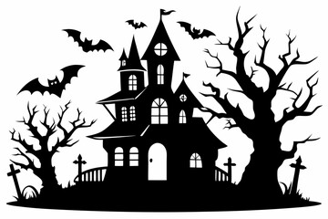 haunted halloween house line art silhouette vector illustration