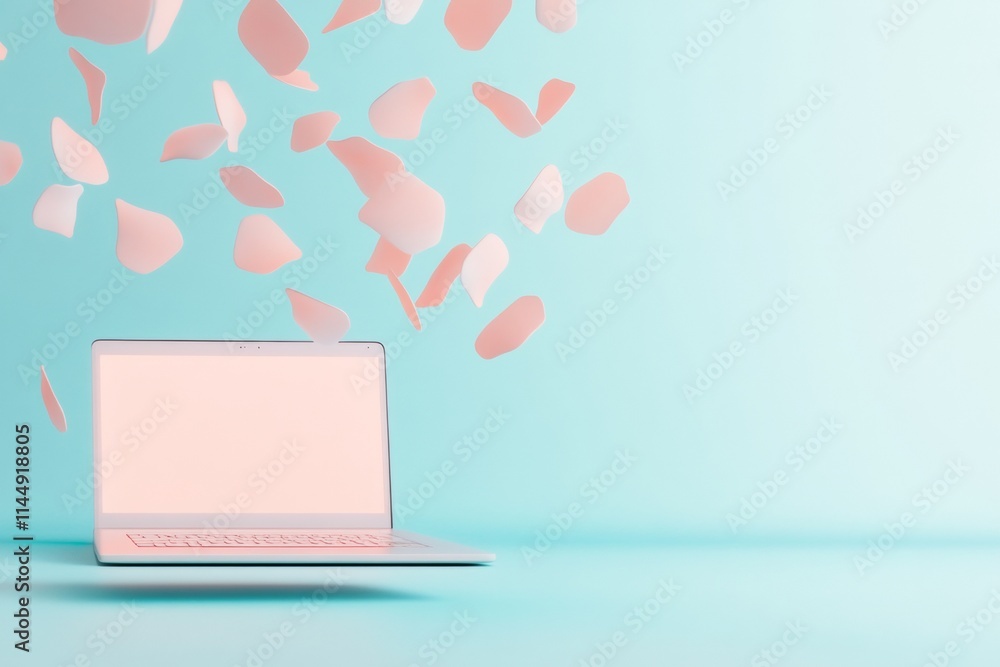 Poster abstract digital learning environment with floating shapes and laptop in pastel tones