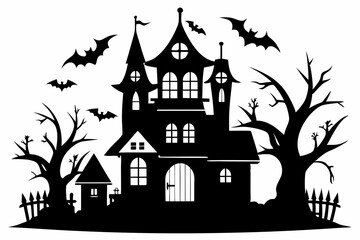 haunted halloween house line art silhouette vector illustration