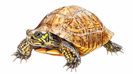 Fototapeta premium Detailed drawing of a box turtle showcasing its unique hinged shell and patterned carapace. Carapace. Illustration
