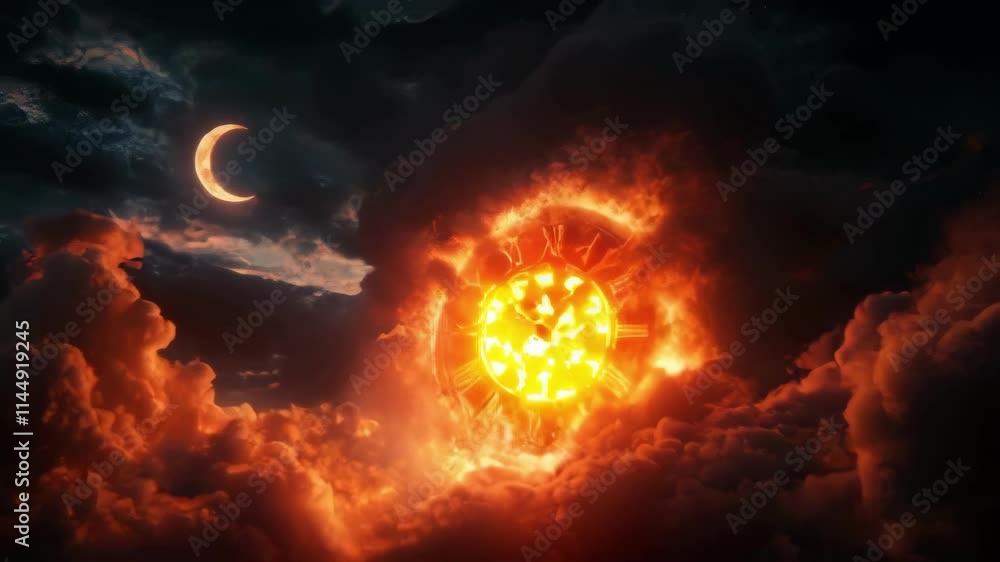 Poster a surreal image of a clock engulfed in flames, set against a backdrop of dark clouds and a crescent 