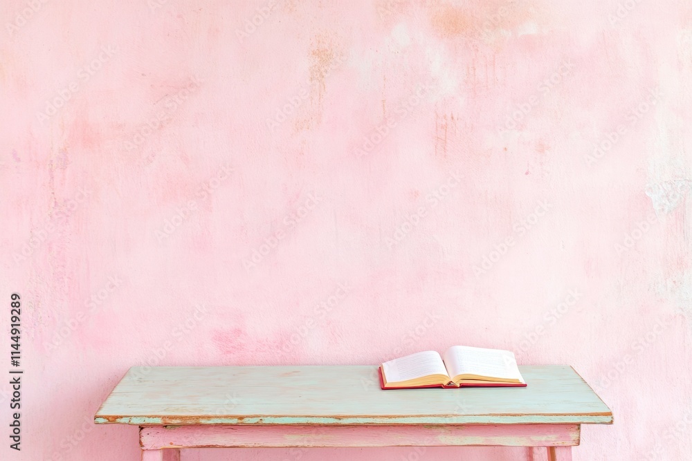 Poster minimalist study setup with pastel walls and open book on wooden table