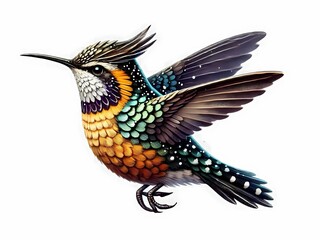 Obraz premium Colorful hummingbird with intricate feather details in mid-flight against a white background.