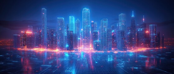 Fototapeta premium Futuristic cityscape with neon lights and reflections.