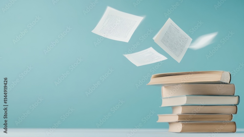 Poster floating handwritten notes over stacked archival books under muted lighting