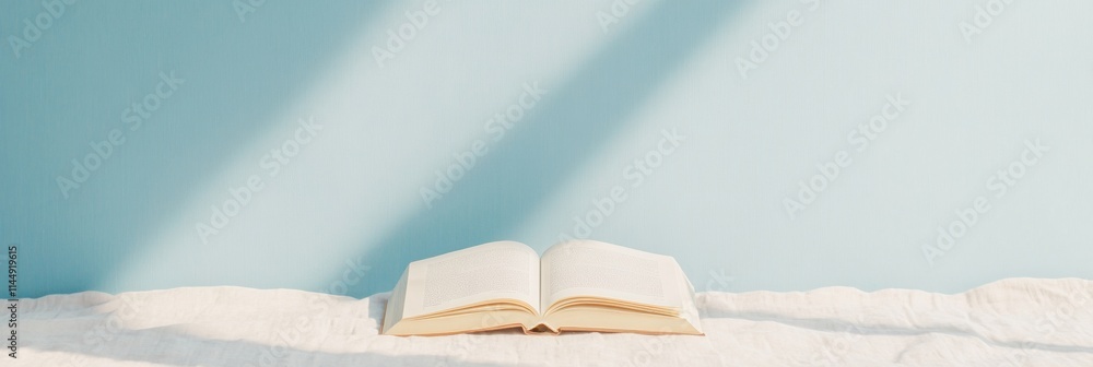 Poster minimalist tranquility an open book under soft sunlight on a linen surface