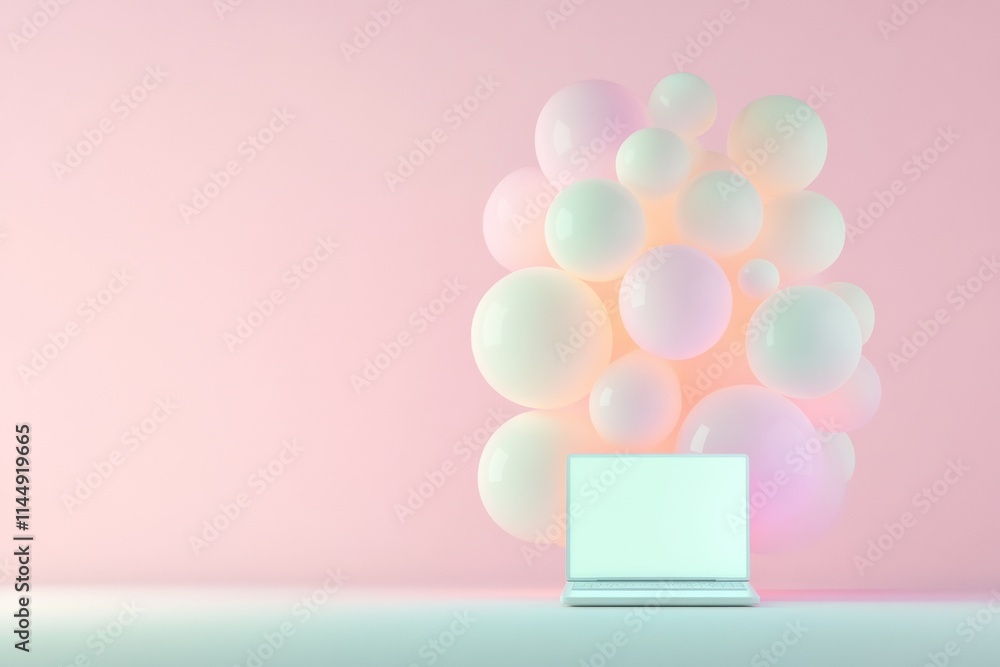 Poster abstract digital learning floating luminous shapes with laptop in pastel gradient