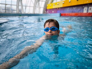 A smiling boy in the pool, a child in swimming glasses. An active child at the water park.