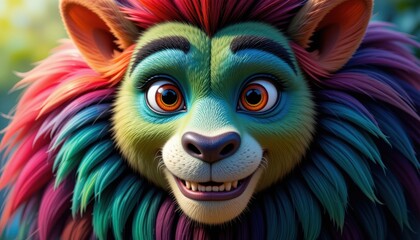 A playful lion cub with a rainbow-colored mane beams with joy in a sunny, whimsical forest. Surrounded by lush greenery, its expressive eyes reflect a lively spirit and innocence