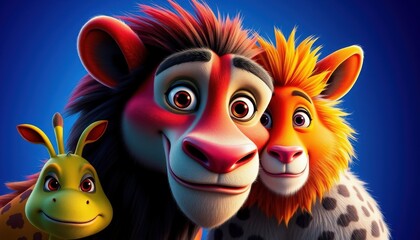 Fototapeta premium Three lively animated characters, including a lion and a beautiful spotted companion, share a joyful moment in a bright, cheerful backdrop, showcasing their playful camaraderie