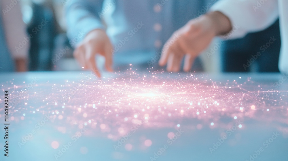 Aufkleber futuristic tech discussion enthusiasts explore quantum concepts around a glowing table in soft light