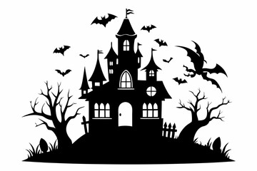 haunted halloween house line art silhouette vector illustration