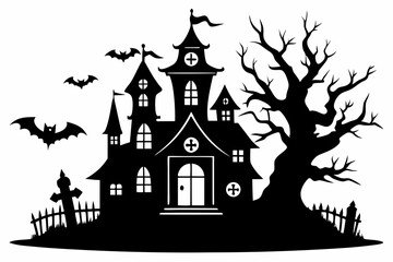 haunted halloween house line art silhouette vector illustration